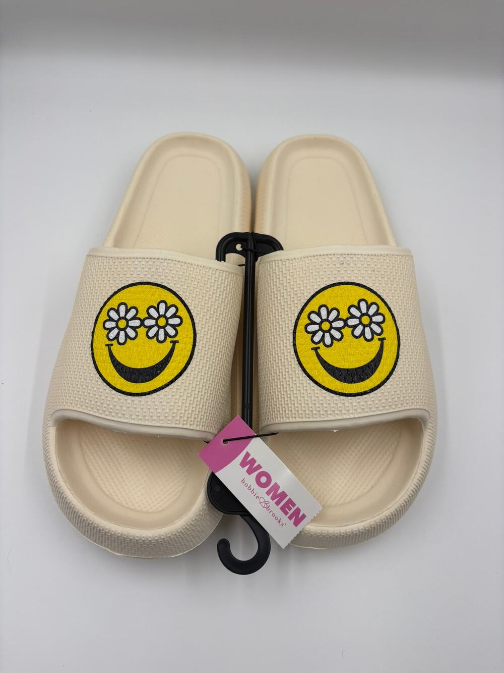 Bobbie Brooks Smiley Face Daisy Cloud Slides Cream Women’s L 9/10 NWT